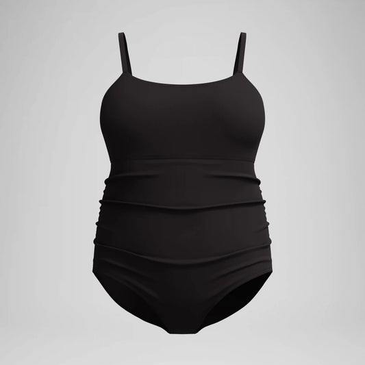 Women's New Plus Solid Shirred Tank One Piece Black